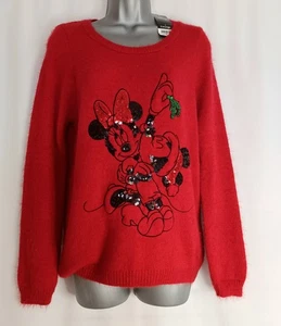 DISNEY Ladies red fluffy Christmas Jumper size 10 Mickey & Minnie BNWT (A1054) - Picture 1 of 2