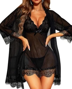 Set 3 Piece Babydoll & Lace Kimono Robe Strap Chemise Nightgown SMALL - Picture 1 of 1