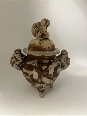 Antiguo trípode de cerámica Foo perro quemador de incienso estufa decoración asiática Foto 1 de 4