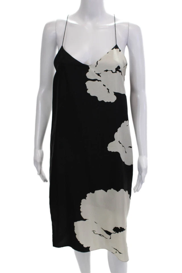 Tibi Womens Spaghetti Strap V Neck Floral Silk Dress Black White Size 2 - Image 1 of 4