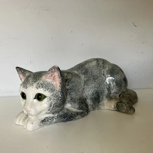 Staffordshire Just Cats & Co. Large Grey Tabby Cat with Glass Eyes Laying Down - Picture 1 of 8
