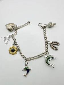 Vintage Sterling Silver Puff Heart Dolphin Flower Big Sister Charm Bracelet 7” - Picture 1 of 9
