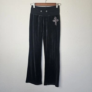 Pink Rose Y2K Velour Pants Womens Small Black Jewel Rhinestone Cross Lounge - Picture 1 of 13