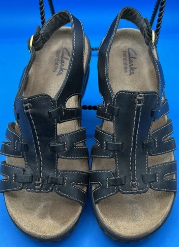 Sandali pieghevoli Clarks donna neri cinturino posteriore fibbia laterale taglia 6M