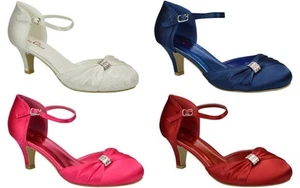 WOMENS SATIN DIAMANTE LOW HEEL MARY JANE BRIDAL WEDDING EVENING SHOES SIZE 3 - 8 - Picture 1 of 5