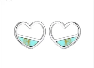 Women's White Gold Plated S925 Turquoise Hollow Heart Stud Earrings, .9cm x 1.0 - Picture 1 of 8