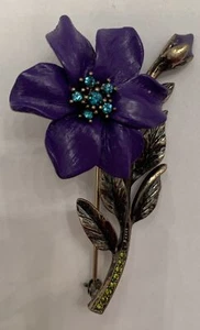 Joan Rivers lila Emaille Blume mit blauen Kristallen Mitte Pin signiert 2,5" hoch Vintage - Bild 1 von 12