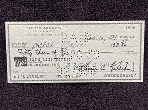 VINTAGE 1979 Harmon Killebrew AUTOGRAPHED Personal Check, Minnesota Twins, COOL! - Picture 1 of 4