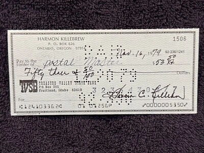 VINTAGE 1979 Harmon Killebrew AUTOGRAPHED Personal Check, Minnesota Twins, COOL! - Image 1 of 4