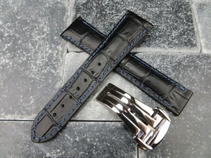 20 mm Lederband Schwarz Uhrenarmband Faltschließe Set für Omega Blau Politur - Bild 1 von 12