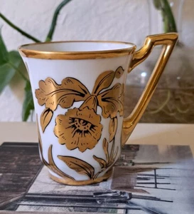 Stouffer Porcelain Demitasse Cup Hand Painted Golden Orchid  Signed Vintage - Picture 1 of 7