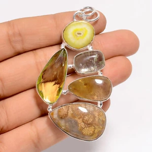 Fossil Coral Citrine Gemstone Fashion Jewelry 925 Silver Pendant 2.6" ARP-5154 - Picture 1 of 3