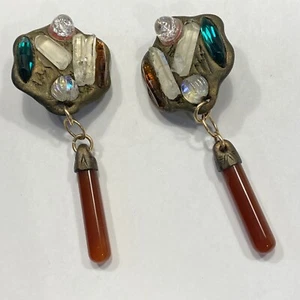 VINTAGE HANDMADE ORGANIC MATERIAL CRYSTAL CARNELIAN GLASS STONES DANGLE EARRINGS - Picture 1 of 12