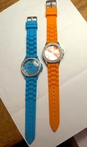 2 Jelly band orange & turquoise wrist watches rhinestone circle dial uni sex - Imagen 1 de 2
