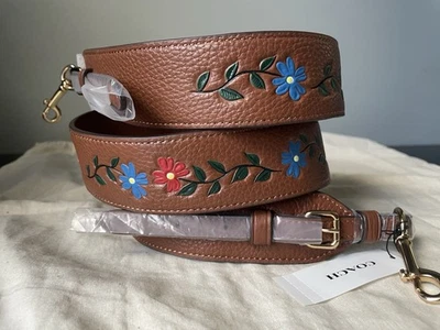 RARE COACH Novelty Crossbody Strap Brown Leather Embossed Flowers Guitar Strap - Image 1 of 4