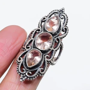 Anillo de joyería de plata de ley 925 hecho a mano con piedras preciosas de morganita talla 9 para ella z375 - Imagen 1 de 3