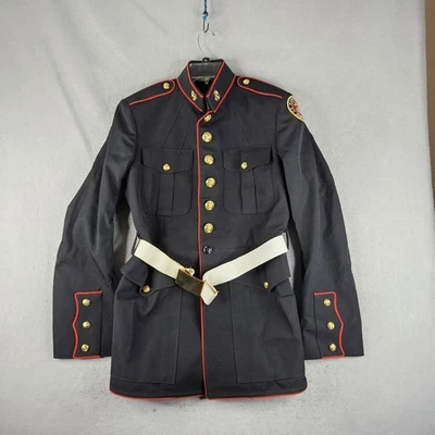 US Marine Corps JROTC Dress Blue Coat Mens 44L Navy Red Piping Gold Buttons Belt - Image 1 of 4
