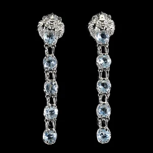 925 Sterling Silver Earrings Round Aquamarine Natural Gemstone Lion Jewelry - Picture 1 of 13