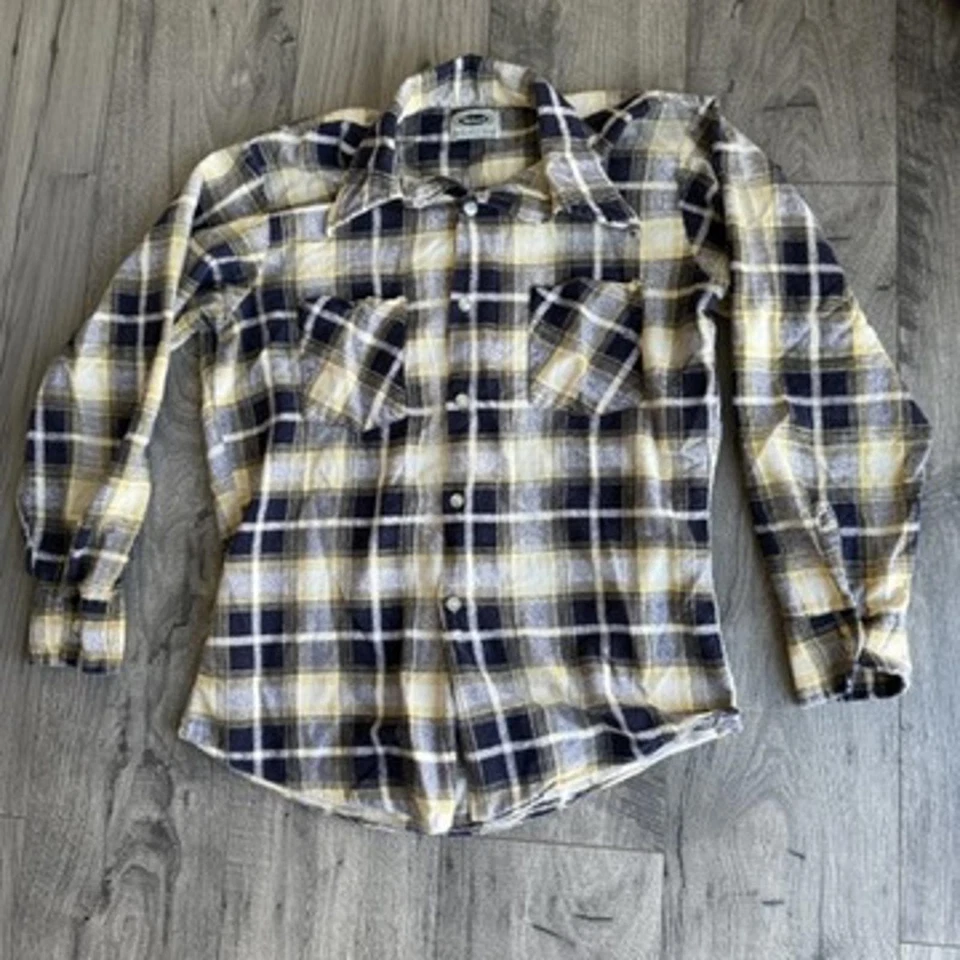 Vintage Mohawk Flannel Shirt Yellow Blue Plaid Permanent Press Sz S Made USA - Image 1 of 4