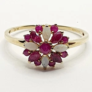 QVC Beautiful 9ct Ruby Opal Marquise Cluster Flower Yellow Gold 375 Ring Size V - Picture 1 of 24