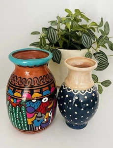 Small Hand-Painted Vases, 5” Made in Mexico, Set of 2 - Picture 1 of 3