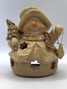 Vintage International Bazaar Beige Schneemann hält Schlittschuhe Teelichthalter - Bild 1 von 6