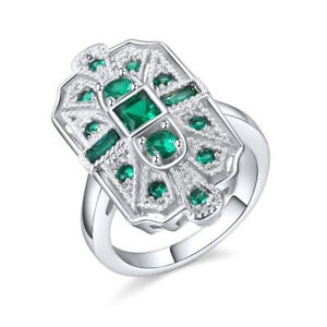 Fashion Silver Green Cubic Zirconia Cz Art Deco Ring Statement Jewelry Size 9