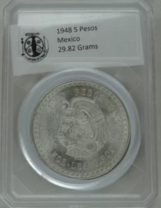 1948 Mexico Cinco Peso Aztec .900 Silver Coin KM #465 5 Peso - Picture 1 of 4