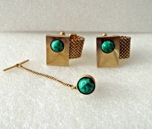 ***60s gold tone CUFFLINKS Turquoise stone + Tie Tack!! - Picture 1 of 5