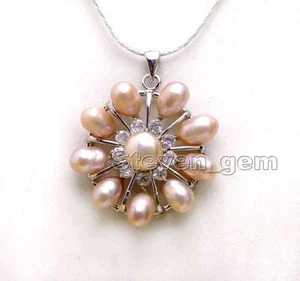 Purple 6-7mm Rice Pearl & 32mm Flower Pendant free 17" Silver plated Chain-n6240 - Picture 1 of 5