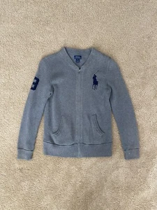 Polo Ralph Lauren Big Pony Boys L 14-16 Zip Up Knit Sweater Cardigan Gray Cotton - Picture 1 of 4