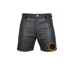 Mens Genuine Leather Short Black Casual 5 Pockets Short Zipper Fly Real Leather - Picture 1 of 2