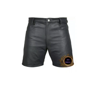 Mens Genuine Leather Short Black Casual 5 Pockets Short Zipper Fly Real Leather  - Image 1 of 2