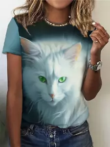 Green Eyed White Cat Tee for Women crew neck printed T shirt vivid image - Picture 1 of 3