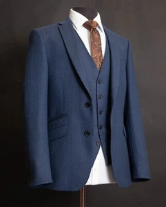 Tom Percy Men's Three Piece Suit Blue Herringbone Wool 44R W38 L31 RRP £329.99 - Picture 1 of 14