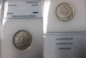 1888 Bolivia Silver 20 Centavos-Mountains/Alpaca- Nice,slabbed - Picture 1 of 1