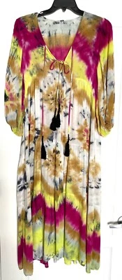 YOUNG FABULOUS BROKE Tie Dye Dawn Balloon Sleeve Caftan Maxi Dress + Slip S 4/6 - Image 1 of 4