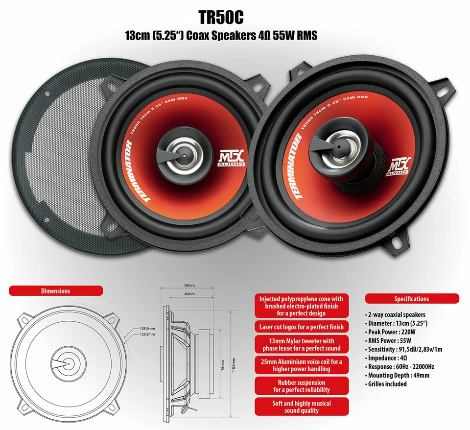 Coppia Coassiali MTX 130mm 2 vie con Griglie TR 50c