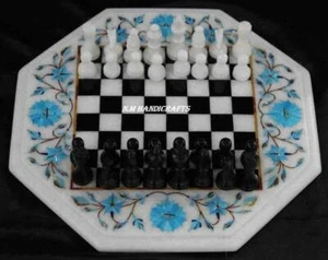 White Marble Chess Set, Turquoise Stone Inlay Chess Board, Vintage Game Board - Picture 1 of 9