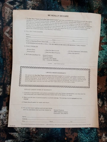 Vintage Star Wars Kenner Radio Controlled RC Jawa Sandcrawler Warranty Sheet Cover