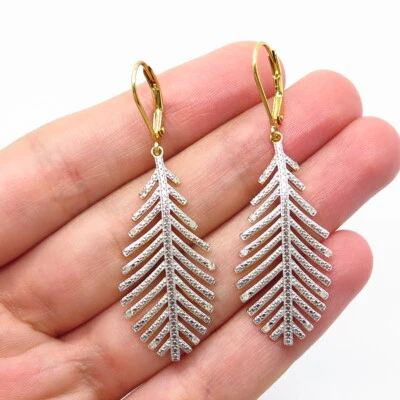 925 Sterling Silver Gold Plated Real White Diamond Feather Dangling Earrings - Image 1 of 4