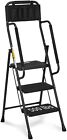 HBTower 3 Step Ladder with Handrails, 500 lb Folding Stool