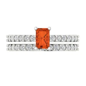Ring 1,41 kt Smaragd Rundschliff Pave roter Stein Braut Set 14 Karat Weiß Massiv Gold - Bild 1 von 5