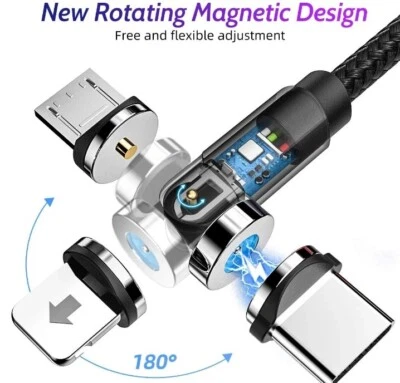 Phone Charger Cable Magnetic USB C Micro USB 3-in-1 Magnet Tips 540 Rotating - Image 1 of 4