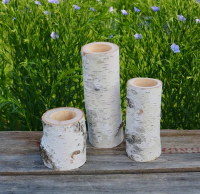 3 White Birch Wood Candle Holders Wedding Christmas Table Candles Centerpiece - Image 1 of 4