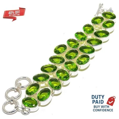 Christmas Deal Natural Peridot 925 Sterling Silver Chain Channel Set Bracelet - Image 1 of 4