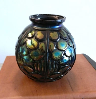 VASE BOULE NOIR IRRISE PATE DE VERRE MADE IN France ART DECO - Photo 1/4