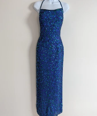 复古 Scala 真丝串珠连衣裙女式 XXL 蓝色亮片 Y2K 异想天开仙女 90 年代 — 第 1/4 张图片