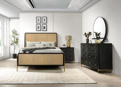 JUEGO DE MUEBLES DE DORMITORIO CON ESPEJO TOCADOR CAMA KING NS ACABADO NEGRO RATÁN TEJIDO 4 PIEZAS Foto 1 de 4