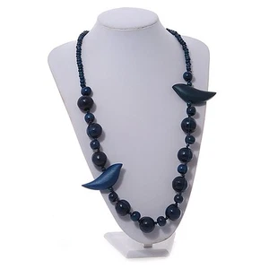 Wood Beaded with 2 Birds Long Necklace in Dark Blue/ 80cm L - Picture 1 of 4